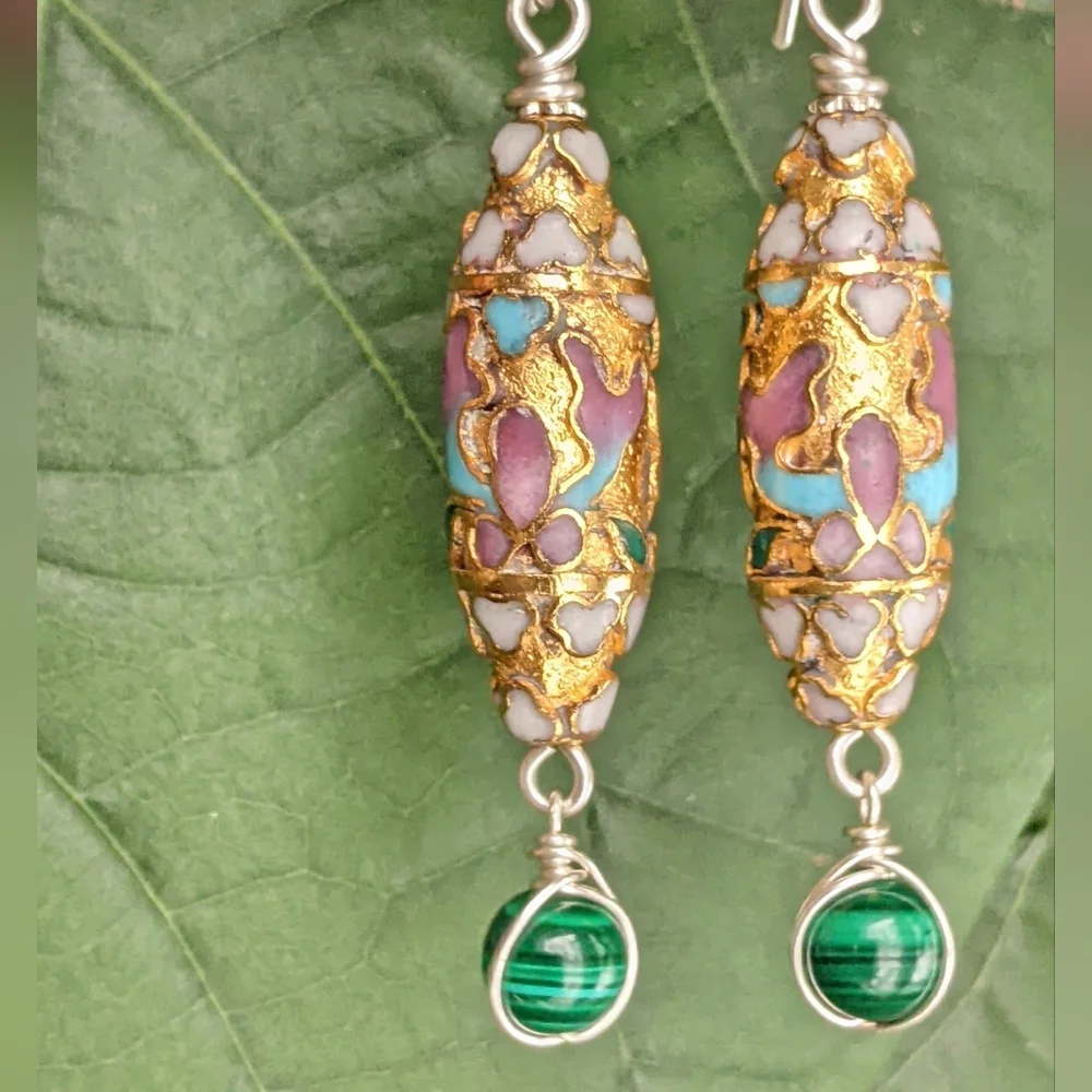 Authentic Vintage Cloisonne Earrings Sterling Silver Gold Toned with Malachite - Picture 3 of 12